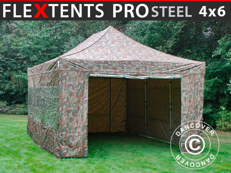 Pop up gazebo FleXtents PRO Steel 4x6 m Camouflage/Military, incl. 8 sidewalls