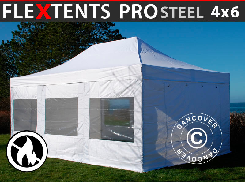 Pop up gazebo FleXtents PRO Steel 4x6 m White, Flame retardant, incl. 8 sidewalls