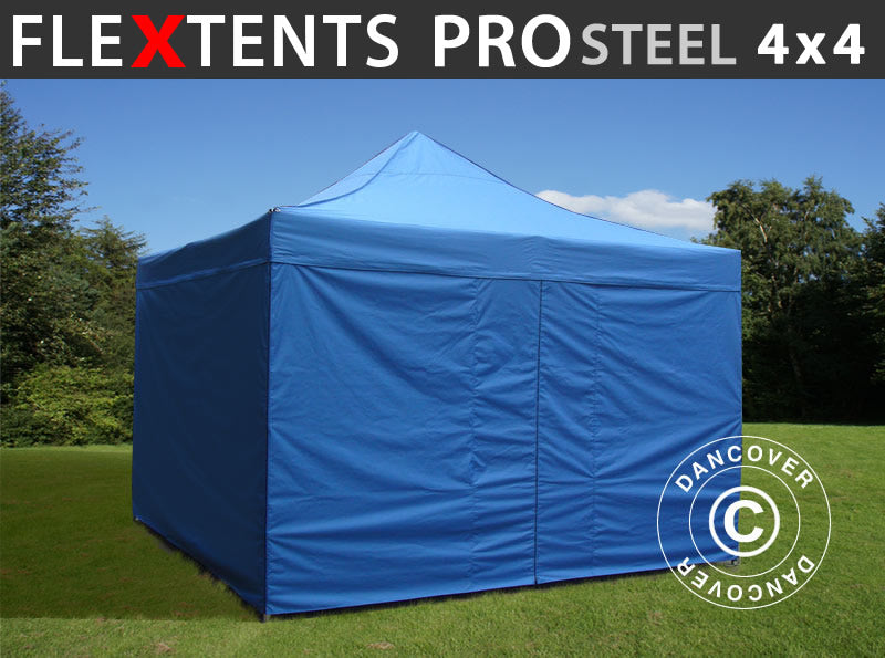 Pop up gazebo FleXtents PRO Steel 4x4 m Blue, incl. 4 sidewalls