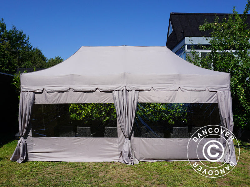 Pop up gazebo FleXtents PRO Steel "Peaked" 3x6 m Latte, incl. 6 sidewalls and 6 decorative curtains