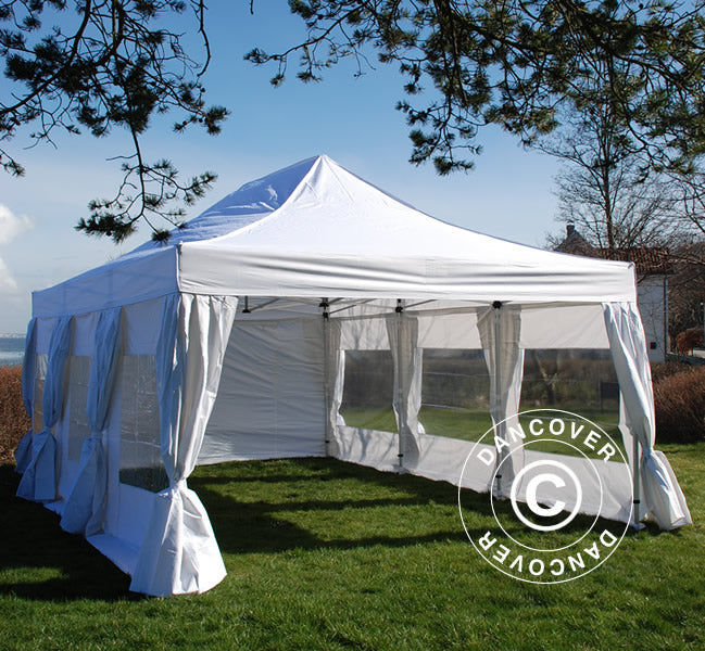 Pop up gazebo FleXtents PRO Steel 4x6 m White, incl. 8 sidewalls & decorative curtains