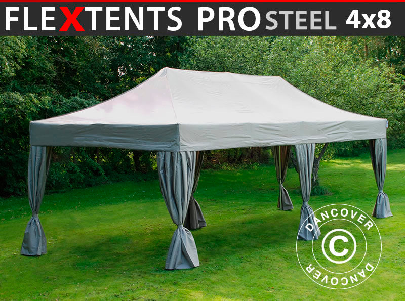 Pop up gazebo FleXtents PRO Steel 4x8 m Latte, incl. 6 decorative curtains