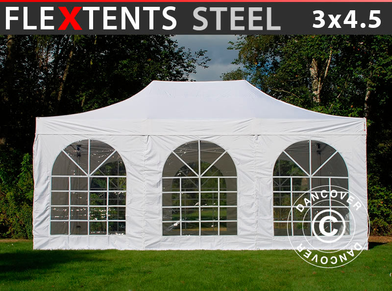 Pop up gazebo FleXtents Steel 3x4.5 m, White, incl. 4 sidewalls