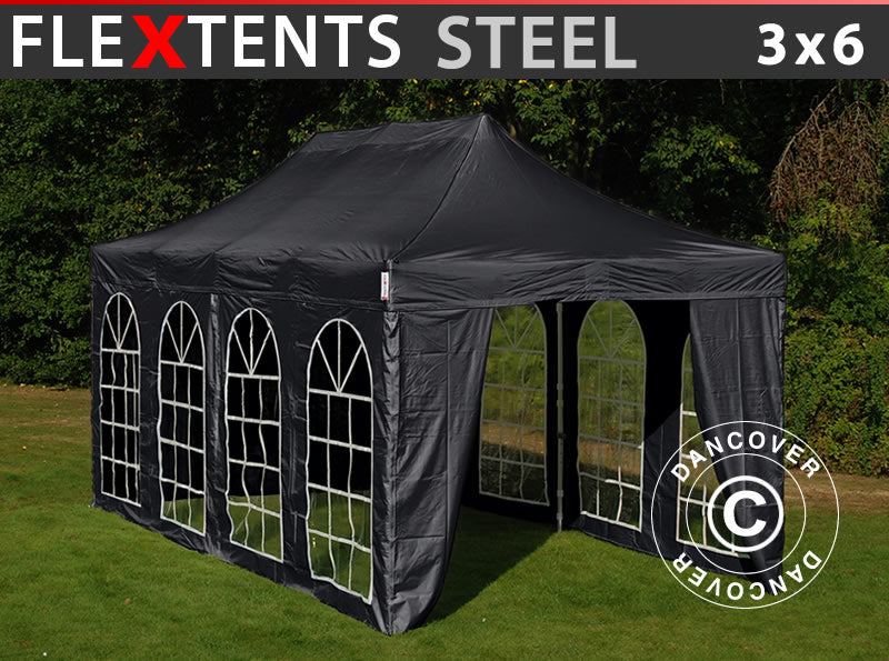 Pop up gazebo FleXtents Steel 3x6 m Black, incl. 4 sidewalls
