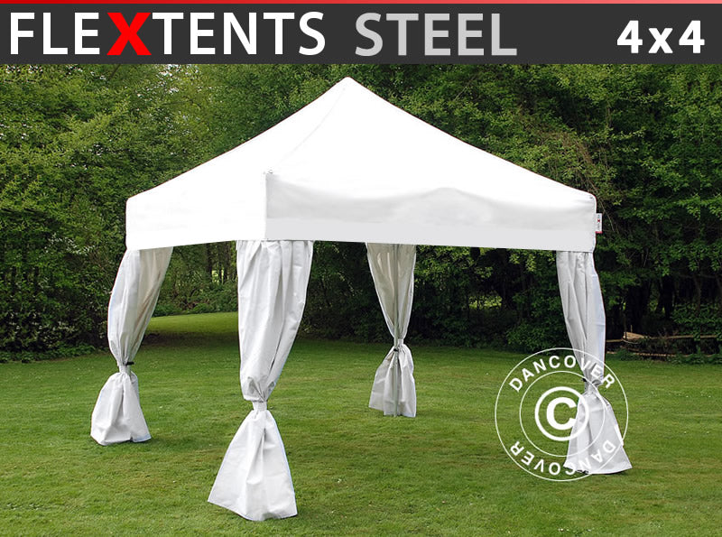 Pop up gazebo FleXtents Steel 4x4 m White, incl. 4 decorative curtains