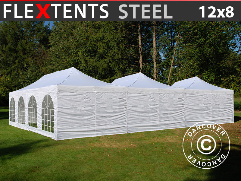 Pop up gazebo FleXtents® Steel 12x8 m White, incl. 8 sidewalls