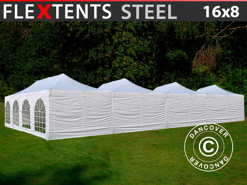 Pop up gazebo FleXtents® Steel 16x8 m White, incl. 10 sidewalls