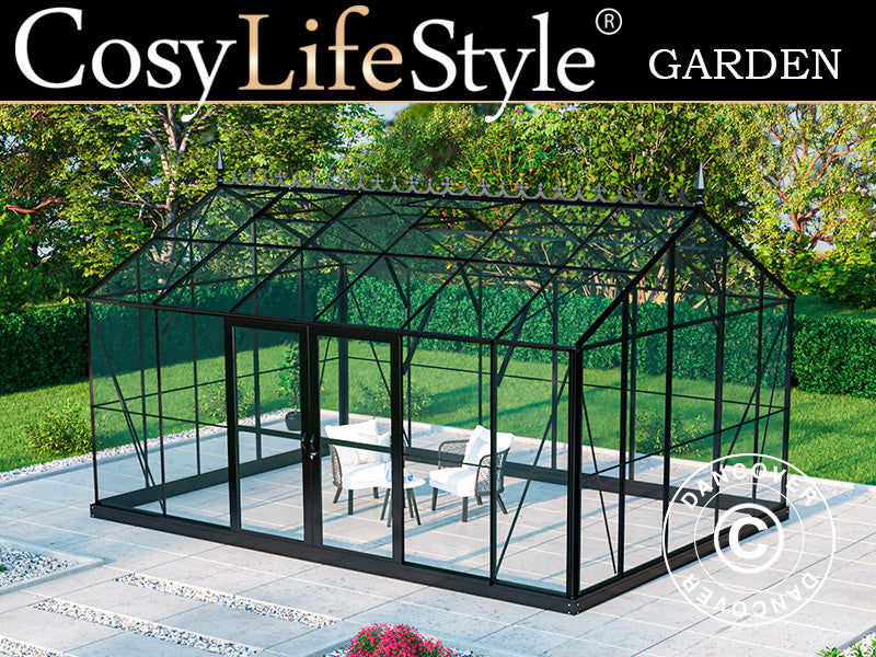 Orangery, greenhouse Glass 16.5 m², 4.45x3.71x3.16 m w/base and cresting, Black