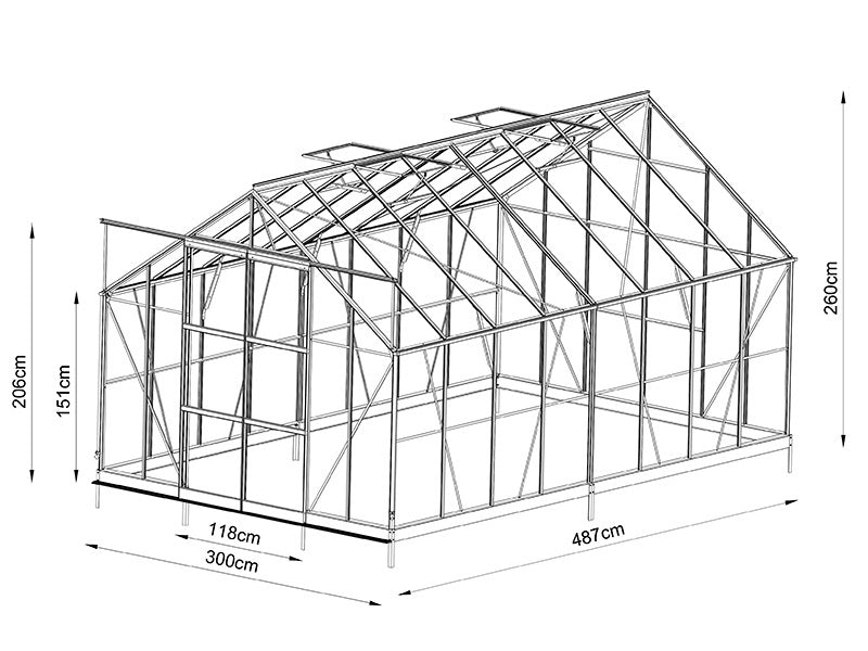 Greenhouse glass 3x4.87x2.6 m w/base and cresting, 14.61 m², Black