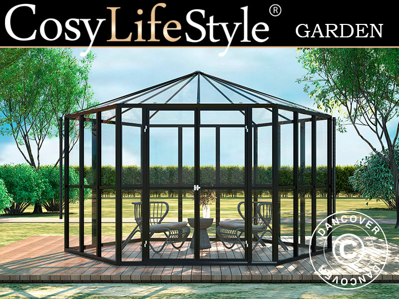 Orangery Hexagonal glass 8.42 m², 3.12x3.6x2.42 m, Black