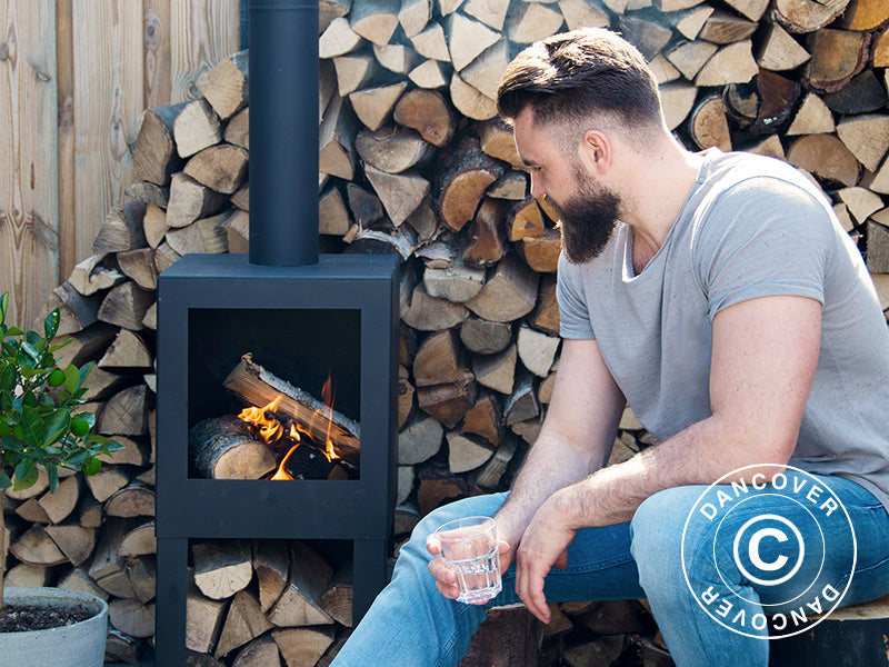 Outdoor fireplace incl. wood storage, 38.4x38.4x136 cm, Black