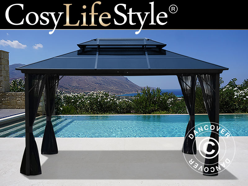 Gazebo Santa Ana Alu+ w/curtains and mosquito net, 3x4 m, Black