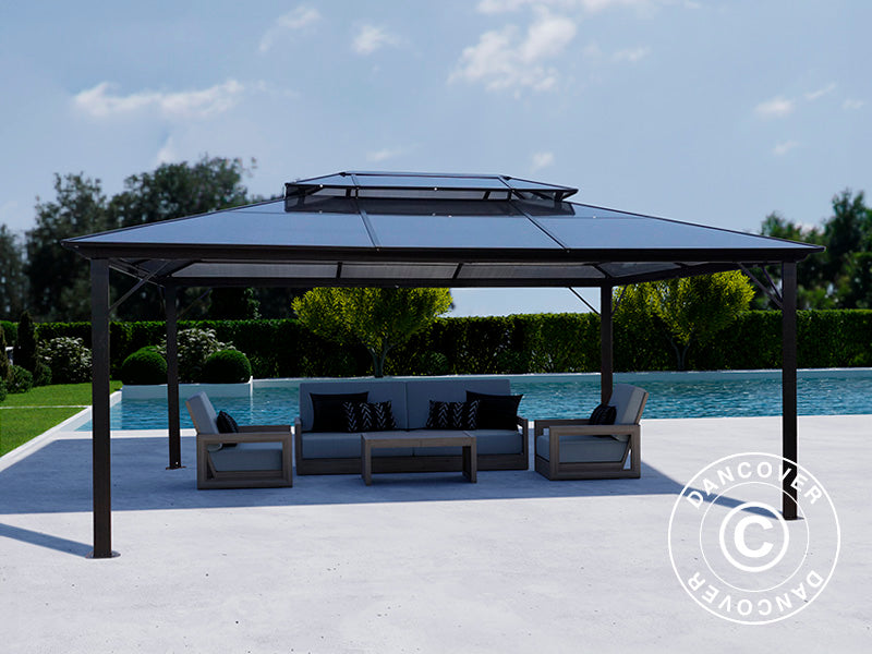 Gazebo Santa Ana Alu+ w/curtains and mosquito net, 3.65x4.85 m, Black