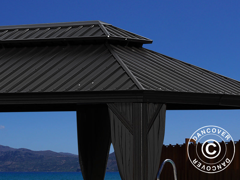 Gazebo Santa Fe Alu+ w/curtains and mosquito net, 3.65x6 m, Black