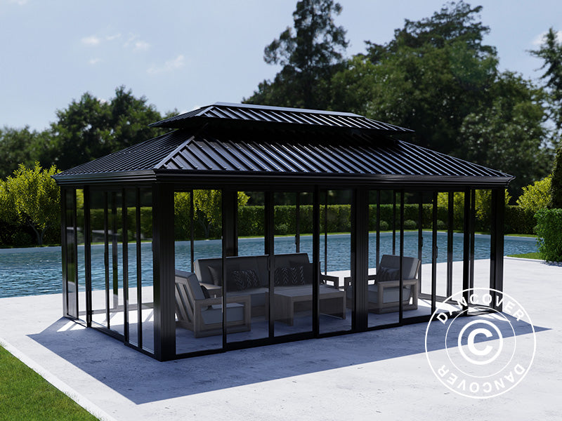 Gazebo Santa Fe Alu+ w/sidewalls and sliding doors, 3,65x6 m, Black