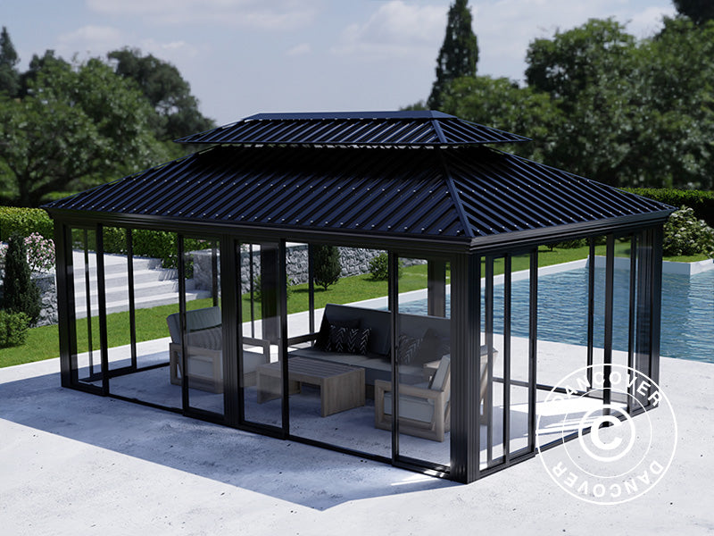 Gazebo Santa Fe Alu+ w/sidewalls and sliding doors, 3,65x6 m, Black