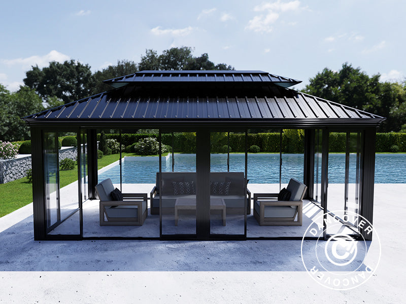 Gazebo Santa Fe Alu+ w/sidewalls and sliding doors, 3,65x6 m, Black