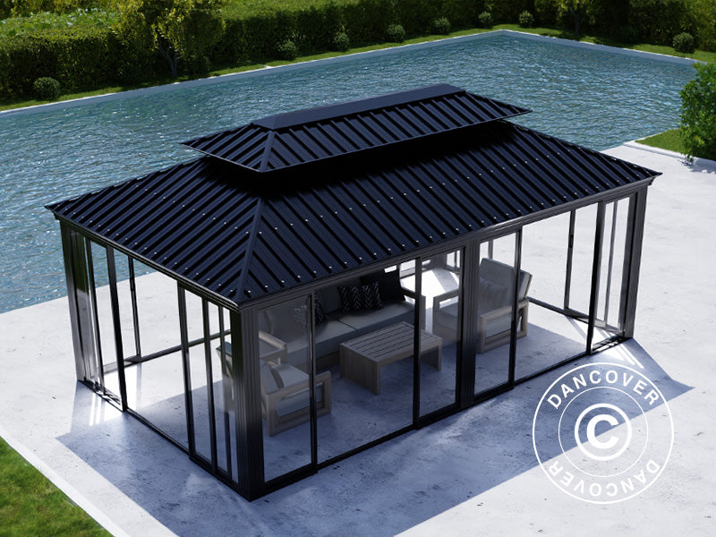 Gazebo Santa Fe Alu+ w/sidewalls and sliding doors, 3,65x6 m, Black