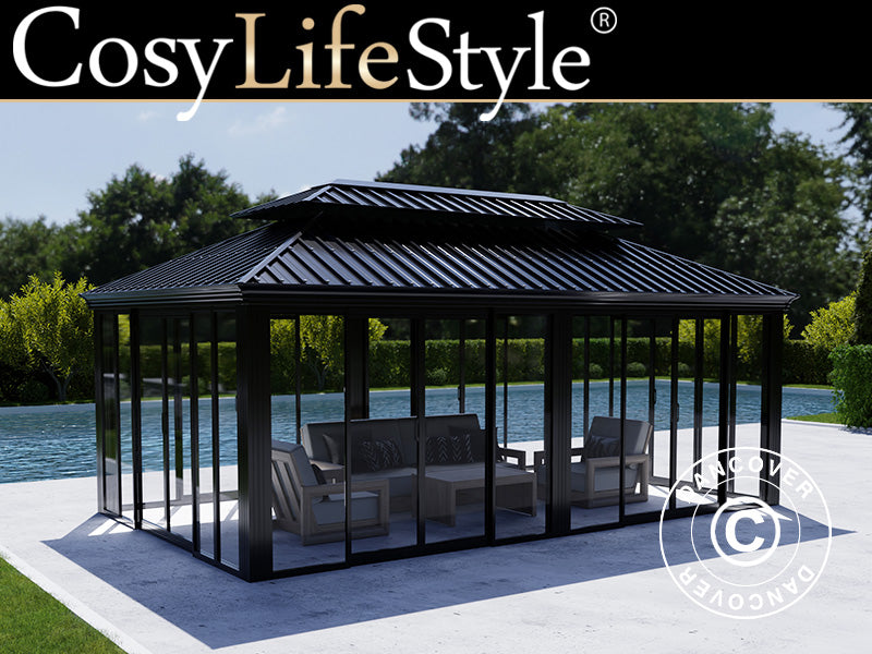 Gazebo Santa Fe Alu+ w/sidewalls and sliding doors, 3,65x6 m, Black