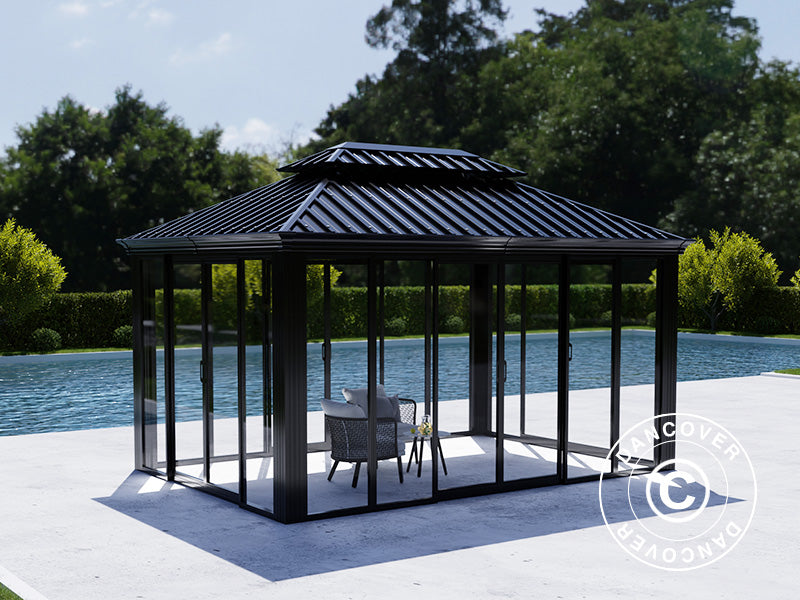 Gazebo Santa Fe Alu+ w/sidewalls and sliding doors, 3x4.25 m, Black