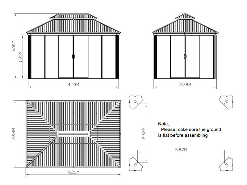 Gazebo Santa Fe Alu+ w/sidewalls and sliding doors, 3x4.25 m, Black