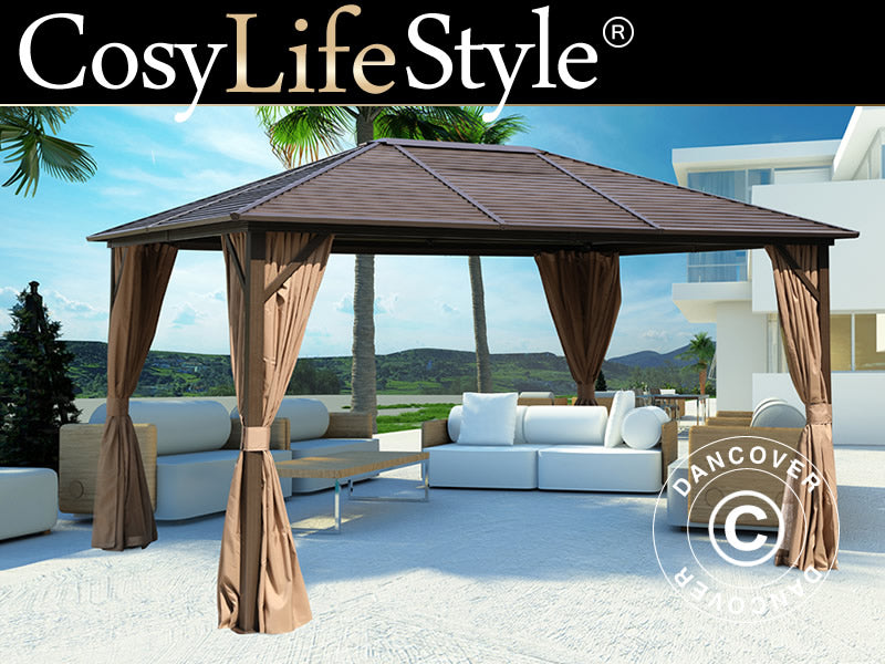 Gazebo San Luis Alu+ w/curtains and mosquito net, 3x4 m, Brown
