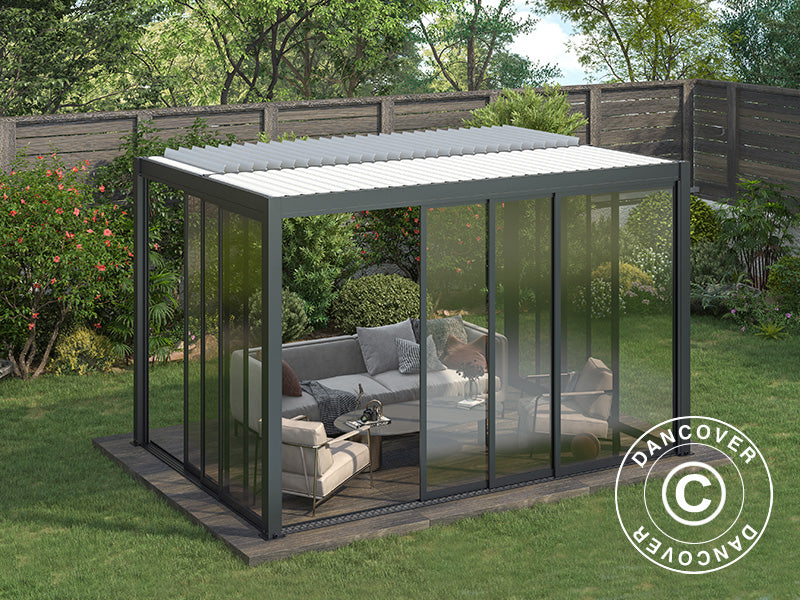 Bioclimatic pergola gazebo San Pablo Alu+ w/sliding doors, 3x4 m, Black/White