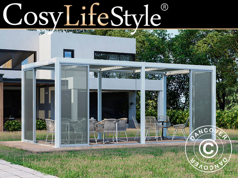 Bioclimatic pergola gazebo San Pablo Alu+ w/sliding doors, 3x5.8 m, White