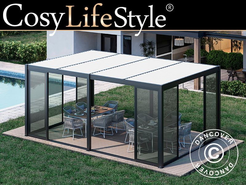 Bioclimatic pergola gazebo San Pablo Alu+ w/sliding doors, 3x5.8 m, Black/White