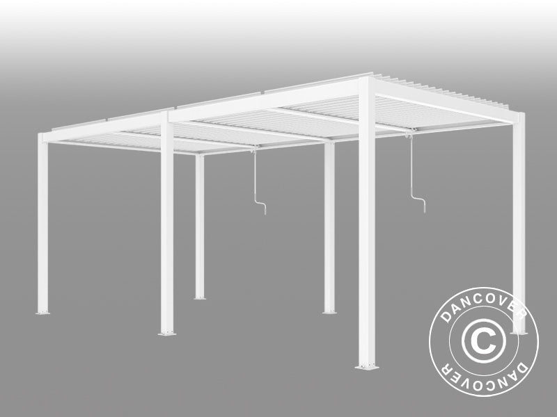 Bioclimatic pergola gazebo San Pablo Alu+, 3x5.8 m w/6 sidewall screens, White