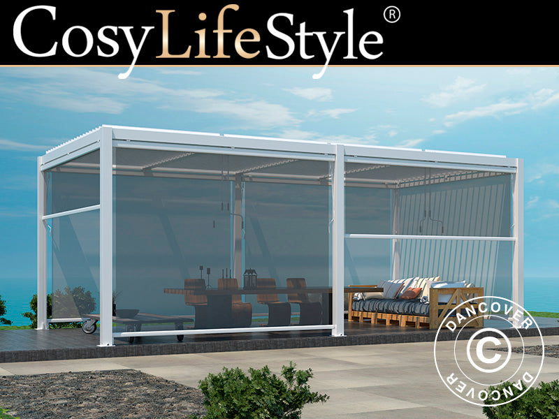 Bioclimatic pergola gazebo San Pablo Alu+, 3x5.8 m w/6 sidewall screens, White