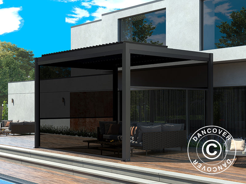 Bioclimatic pergola gazebo San Pablo Alu+, 4x4 m w/4 sidewall screens, Black