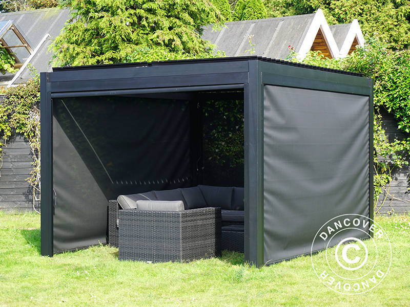 Bioclimatic pergola gazebo San Pablo Alu+, 4x4 m w/4 sidewall screens, Black