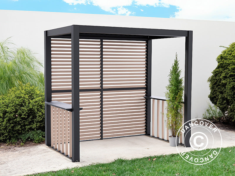 Pergola San Juan for BBQ, complete w/louvre walls and sides, 2.5x1.5x2.3 m, Black/Wood-look