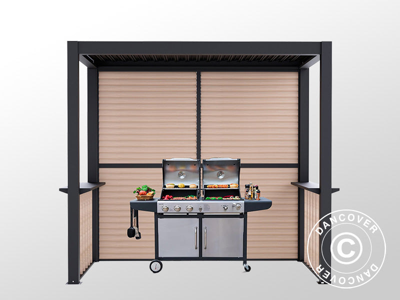 Pergola San Juan for BBQ, complete w/louvre walls and sides, 2.5x1.5x2.3 m, Black/Wood-look