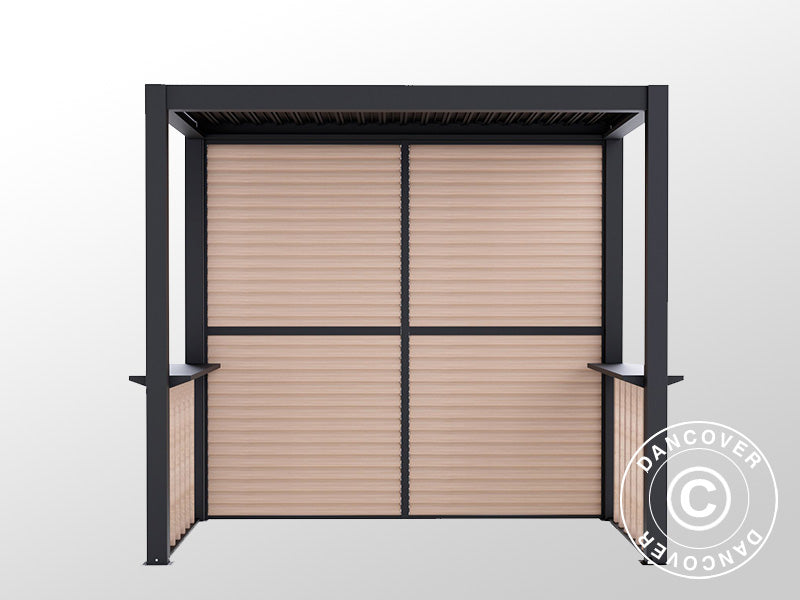 Pergola San Juan for BBQ, complete w/louvre walls and sides, 2.5x1.5x2.3 m, Black/Wood-look