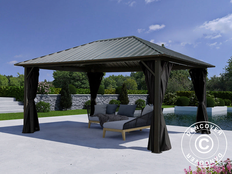 Gazebo San Bernardino w/curtains and mosquito net, 3.65x4.85 m, Black