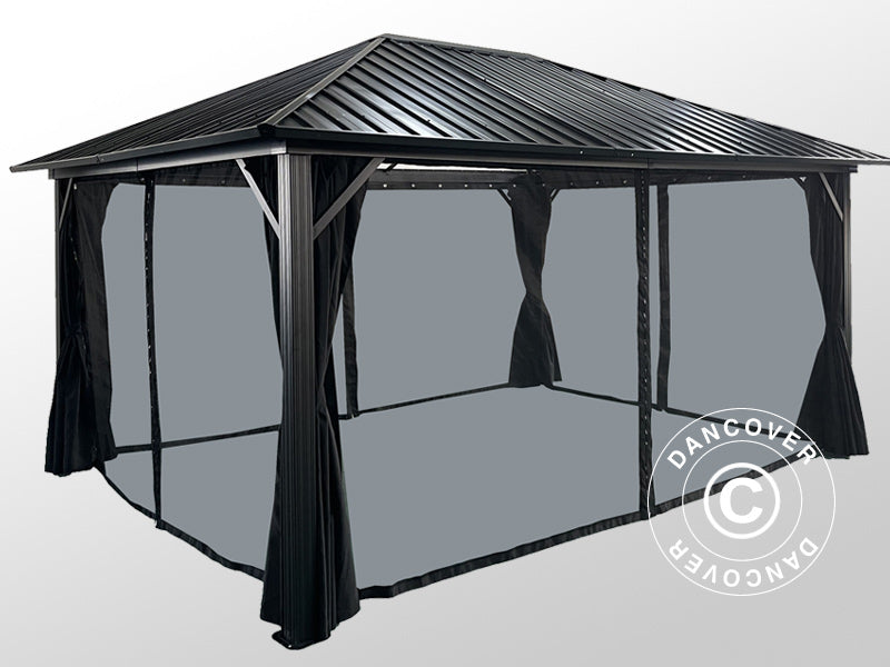 Gazebo San Bernardino w/curtains and mosquito net, 3.65x4.85 m, Black
