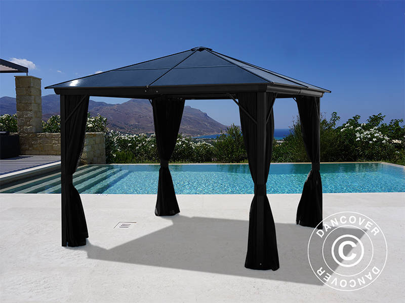 Gazebo Santa Barbara w/curtains and mosquito net, 4x4 m, Black