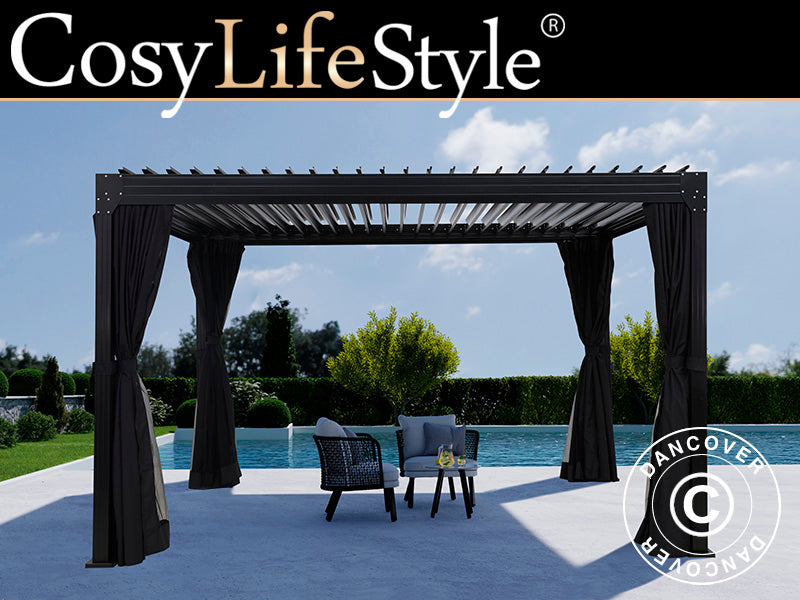 Bioclimatic pergola gazebo Monterey, 3x4 m, w/curtains and mosquito net, Black