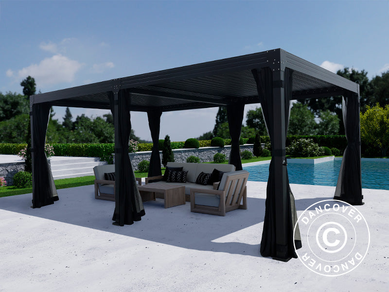 Bioclimatic pergola gazebo Monterey, 4x6 m, w/curtains and mosquito net, Black