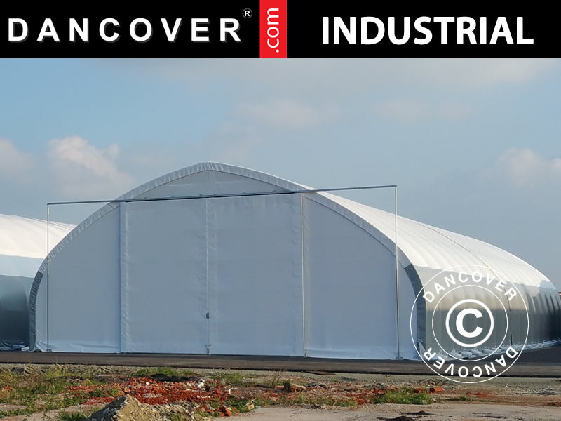 Storage shelter, arched tent 15x15x7.42 m w/sliding gate, PVC, White/Grey
