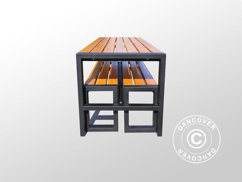 Picnic table w/2 benches, 166x70 cm/150x30 cm, Dark wood/Black