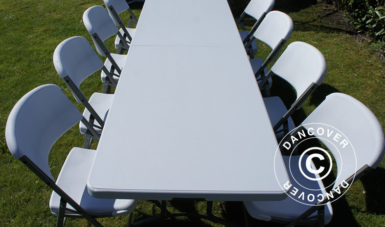Party package, 1 folding table (240 cm) + 8 chairs, Light grey/White