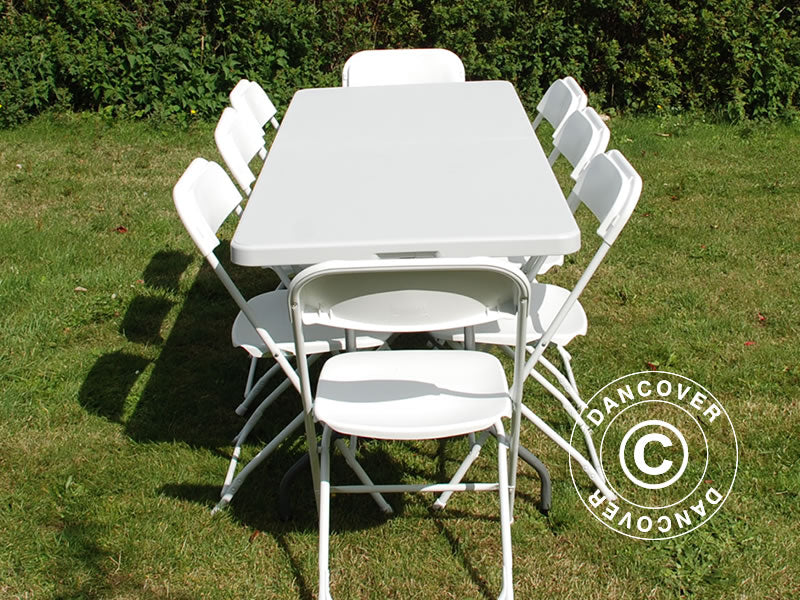 Party package, 1 folding table (180 cm) + 8 chairs, Light grey/White