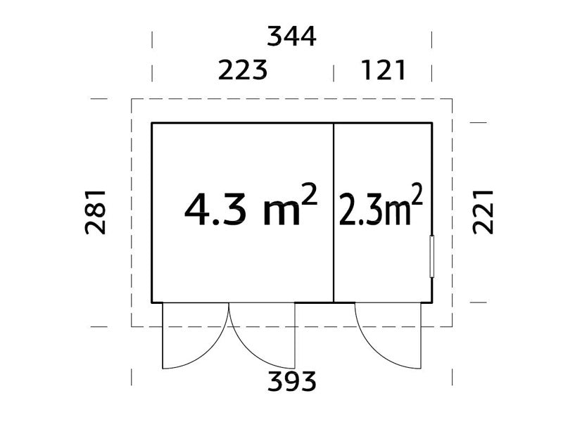Wooden shed w/floor, 3.44x2.21x2.49 m, 6.6 m², Natural