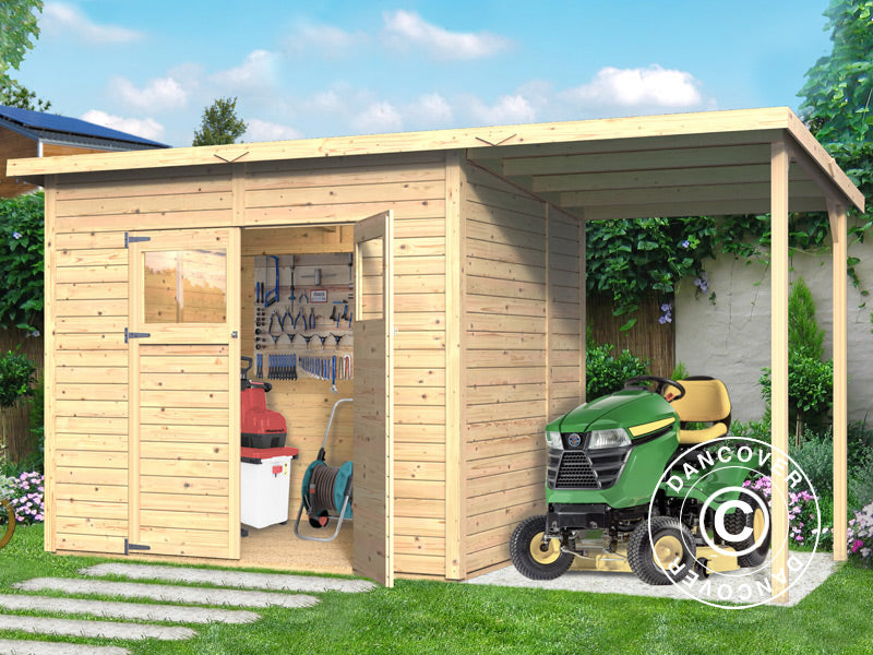 Wooden Shed w/overhang, Bertilo Amrum 3 Plus, 3.86x1.8x2.1 m, 2.78 m² + 4.16 m²