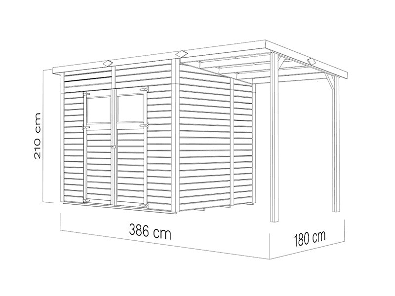 Wooden Shed w/overhang, Bertilo Amrum 3 Plus, 3.86x1.8x2.1 m, 2.78 m² + 4.16 m²
